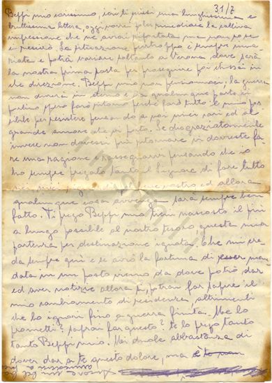 L’immagine riproduce la prima facciata dell’ultima lettera di Ada Michlstaedter al marito Giuseppe Marchesini, scritta il giorno prima l’inizio del suo viaggio per Auschwitz. L’ultima riga è scritta al contrario a fondo pagina.