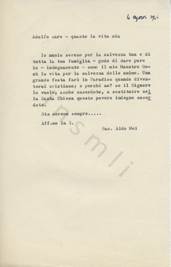 L’immagine riproduce la trascrizione a macchina dell’ultima lettera di Aldo Mei all’amico Adolfo. La data in alto è segnata a mano, in penna nera.