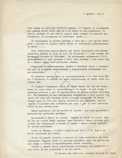 L’immagine riproduce la trascrizione a macchina dell’ultima lettera scritta da Aldo Mei ad Agnese Perfetti e ad altri.