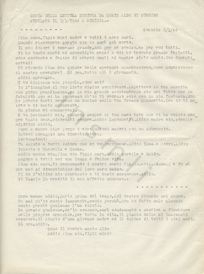 L’immagine riproduce la trascrizione a macchina della lettera di Aldo Sbriz a tutti i suoi cari, scritta il giorno prima della sua esecuzione.
