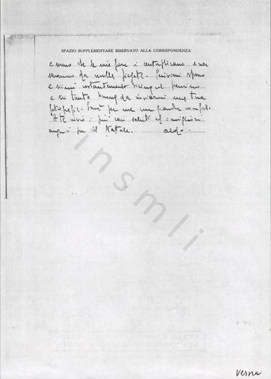 L’immagine riproduce la fotocopia della seconda facciata della lettera di Aldo Vespa, scritta ad Adriana il giorno 6 dicembre 1944. Il documento originale è scritto a penna sul tipico foglio fornito ai detenuti nel lager di Bolzano per la corrispondenza con l’esterno.