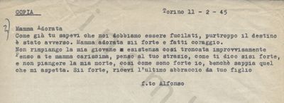 L’immagine riproduce la trascrizione a macchina dell’ultima lettera di Alfonso Gindro alla madre, scritta il giorno stesso della sua esecuzione.