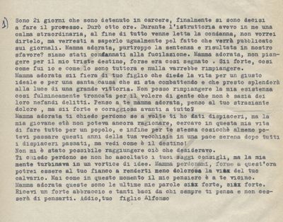 L’immagine riproduce la trascrizione a macchina della lettera scritta da Alfonso Gindro alla madre il giorno della sua condanna a morte.