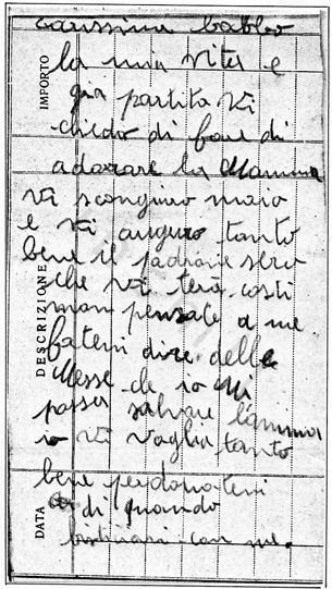 L’immagine riproduce il messaggio scritto da Alvaro Boccardi la sera del 30 marzo 1944 su tre foglietti di bloc-notes, fatto pervenire ai famigliari dal cappellano che assistette i condannati.