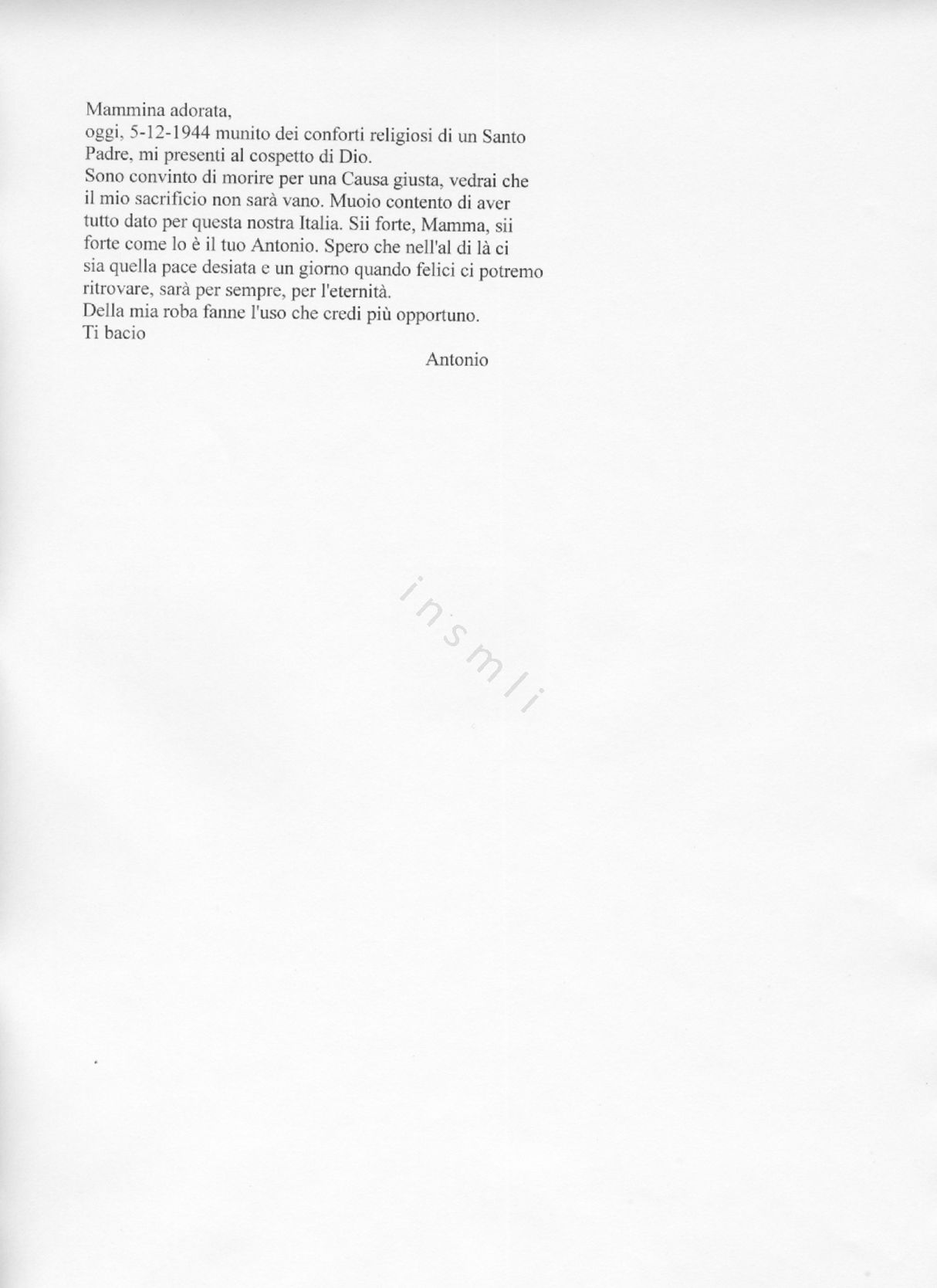 L’immagine riproduce la trascrizione dell’ultima lettera di Antonio Giuffrida alla madre, scritta il giorno stesso della sua esecuzione.