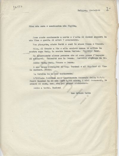 L’immagine riproduce la trascrizione a macchina della lettera di Arturo Gatto a moglie e figlia, il giorno della conclusione del processo.