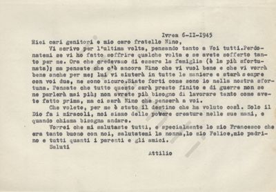 L’immagine riproduce la trascrizione a macchina dell’ultima lettera di Attilio Tempia ai genitori e al fratello, scritta il medesimo giorno della sua esecuzione.