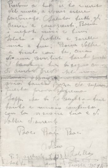 L’immagine riproduce la fotografia della seconda pagina della lettera di Balilla Grillotti alla moglie e al figlio, scritta poco prima della sua morte. L’originale è probabilmente vergato a matita su un foglio bianco.