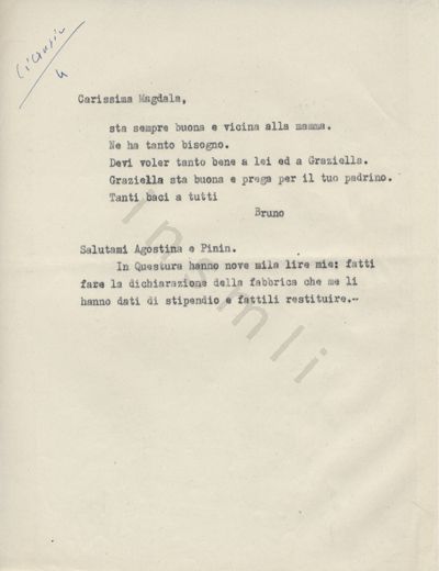 L’immagine riproduce la trascrizione a macchina della lettera di Bruno Cibrario alla sorella Magdala.
