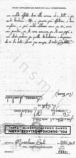 L’immagine riproduce la fotocopia della seconda facciata dell’ultima lettera di Carlo Mossolani, scritta ai suoi cari su un foglio per la corrispondenza del campo di concentramento di Fossoli.