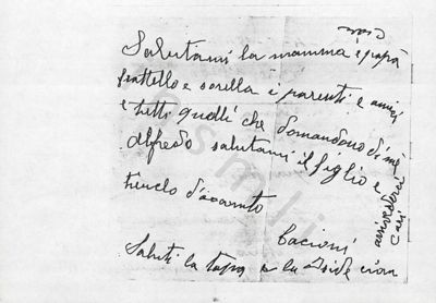 L’immagine riproduce la fotocopia della seconda facciata dell’ultima lettera di Clotilde Giannini al marito Alfredo, scritta da Verona durante il viaggio per il lager di Auschwitz.