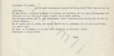 L’immagine riproduce la trascrizione a macchina dell’ultima lettera di Egeo Zavan, scritta ai genitori prima di cadere in battaglia.