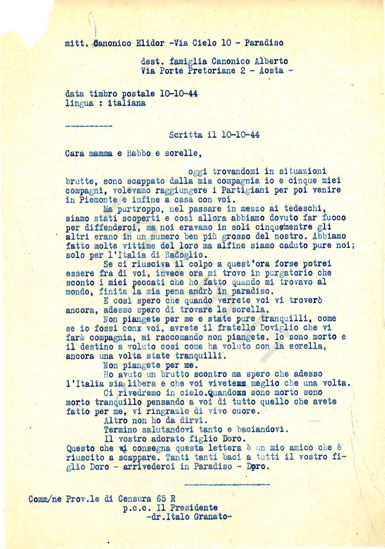 L’immagine riproduce la trascrizione a macchina dell’ultima lettera di Elidor Canonico ai genitori e alla sorella. Il documento è opera della Commissione provinciale di censura 65 R.