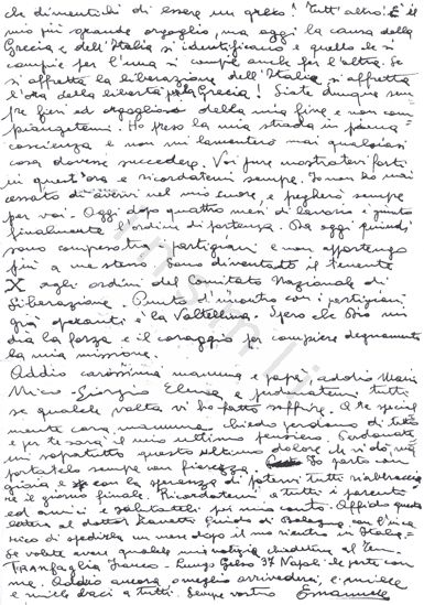 L’immagine riproduce la fotocopia della quarta facciata della lettera di Emanuele Tiliacos ai suoi cari, la seconda del suo testamento spirituale.