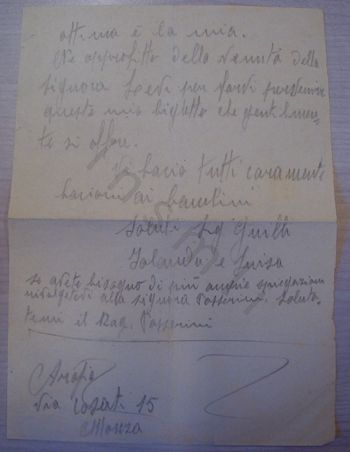 L’immagine riproduce il retro dell’ultimo messaggio di Enrico Arosio pervenuto alla famiglia. Il testo è scritto a matita su un unico foglio bianco.