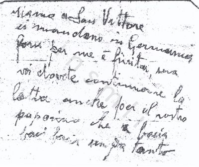 L’immagine riproduce la fotocopia dell’ultimo messaggio di Eraldo Soncini, scritto durante la sua reclusione nel carcere di San Vittore (a Milano), nei primi giorni di agosto del 1944. Il biglietto gli fu trovato addosso, arrotolato, dopo l’esecuzione.