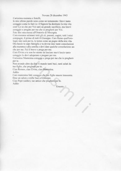 L’immagine riproduce la trascrizione dell’ultima lettera di Ernesto Conti alla madre ed ai fratelli.