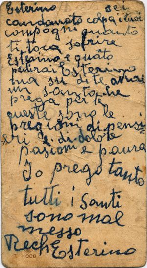 L’immagine riproduce la seconda facciata del ’santino’ di Don Giulio Perotto, su cui, il 7 febbraio 1945, Esterino Rech ha scritto alcune parole con una penna blu.