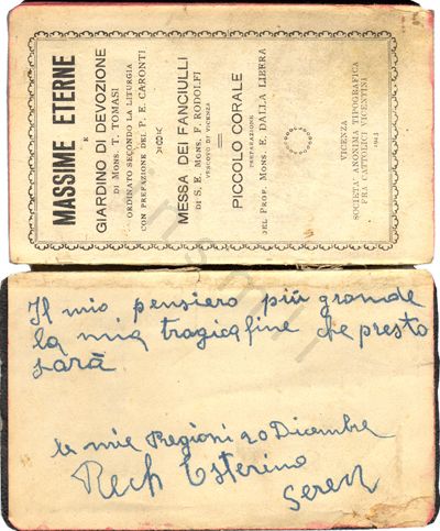 L’immagine riproduce il messaggio scritto con una penna blu da Esterino Rech accanto al colophon del libro "Massime eterne".
