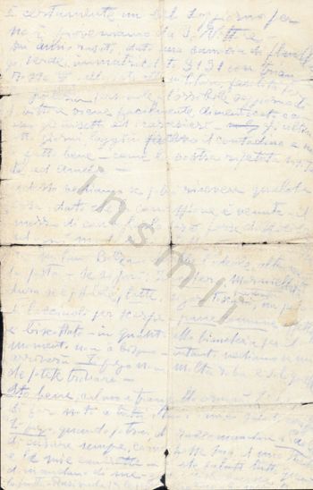 L’immagine riproduce il retro dell’ultima lettera di Ettore Archinti, scritta all’amica Giovanna Boccalini. Il documento è scritto con una matita blu su un foglio bianco. 