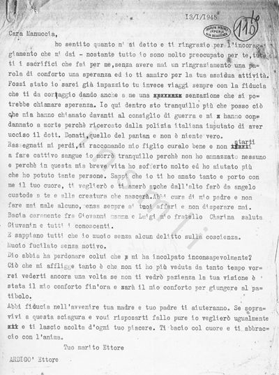 L’immagine riproduce la fotocopia della trascrizione dell’ultima lettera di Ettore Ardigò alla moglie.