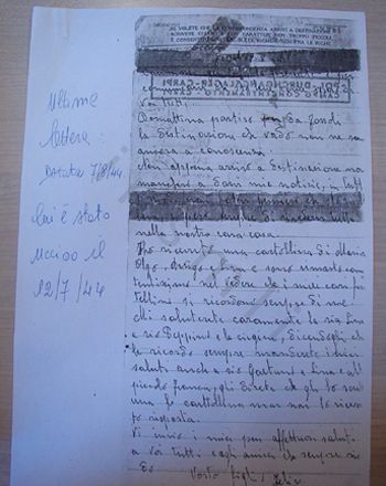 L’immagine riproduce l’ultima lettera scritta da Lacerra su modulo ufficiale del campo di Fossoli. La lettera fu scritta la notte dell’11 luglio 1944 ma per l’emozione Lacerra sbagliò data.