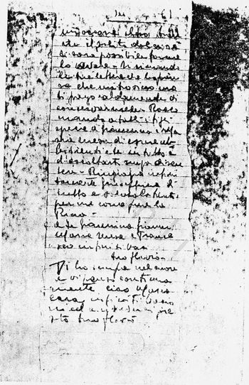 L’immagine riproduce la fotocopia cartacea della seconda facciata dell’ultima lettera di Flavio Busonera alla moglie Maria, scritta il giorno stesso della sua esecuzione. L’originale è scritto sulle due facciate di un foglio a righe lungo e stretto.