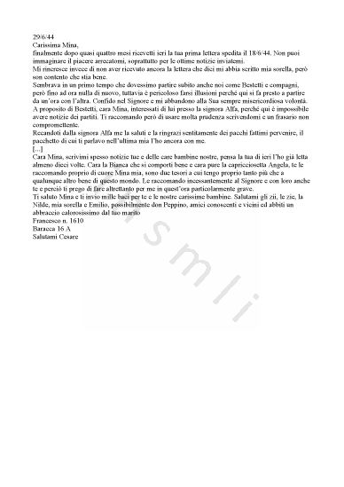 L’immagine riproduce il testo dell’ultima lettera scritta da Francesco Caglio alla moglie Mina.