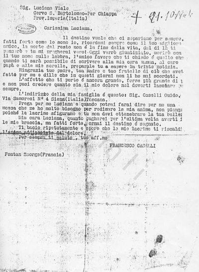 L’immagine riproduce la fotocopia della trascrizione a macchina dell’ultima lettera di Francesco Caselli, scritta tra il giorno della sua cattura (17 ottobre 1944) e quello della sua esecuzione (21 ottobre 1944).