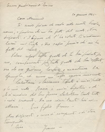 L’immagine riproduce la trascrizione a mano dell’ultima lettera di Franco Cipolla alla madre, scritta il giorno stesso della sua esecuzione.
