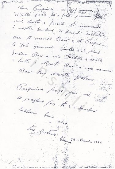 L’immagine riproduce la fotocopia dell’ultima lettera di Gaetano Paganini, scritta alla moglie il giorno stesso della sua fucilazione.