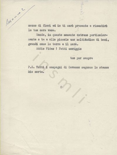 L’immagine riproduce la seconda pagina della trascrizione a macchina dell’ultima lettera scritta da Gesuino Manca alla moglie.