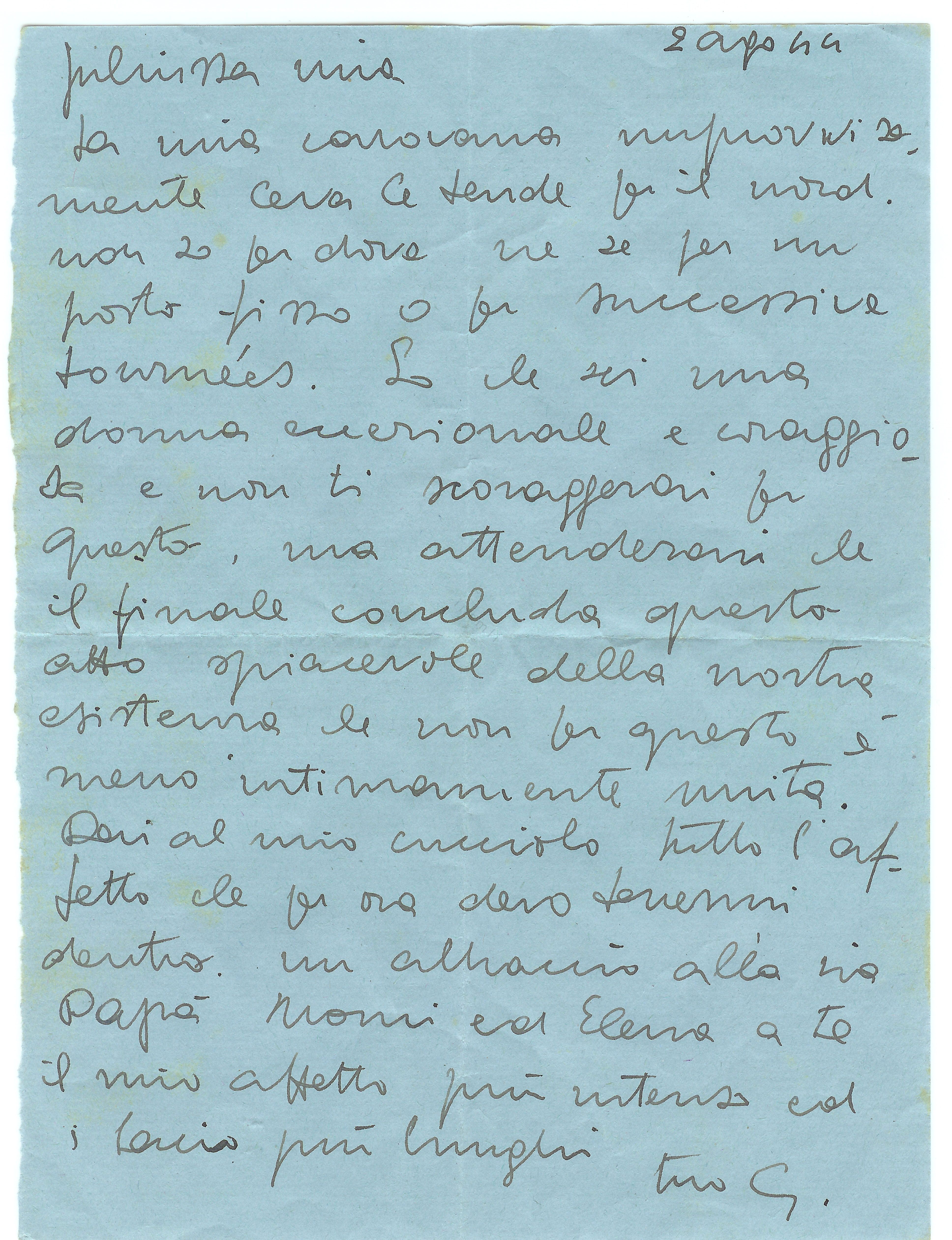 L’immagine riproduce la lettera scritta alla moglie da Gian Luigi Banfi, dal lager di Bolzano, il 2 agosto 1944, ovvero tre giorni prima della deportazione a Mauthausen. Il documento è scritto a mano su carta da lettera azzurra.