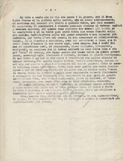L’immagine riproduce la seconda facciata della trascrizione a macchina della lettera scritta da Giampaolo Grosso alla fidanzata il 17 giugno 1944, che rappresenta anche il suo testamento spirituale.