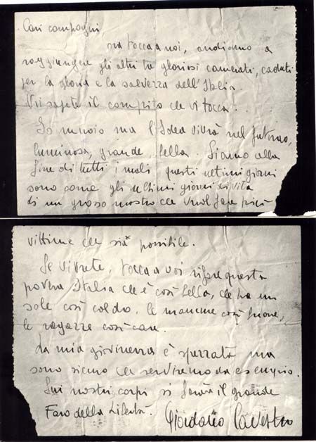 L’immagine riproduce il messaggio manoscritto di Giordano Cavestro ai suoi compagni di lotta, scritto su un foglio strappato.
