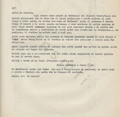 L’immagine riproduce la trascrizione a macchina dell’ultima lettera di Giovanni Mabrini agli amici di Scaccia.