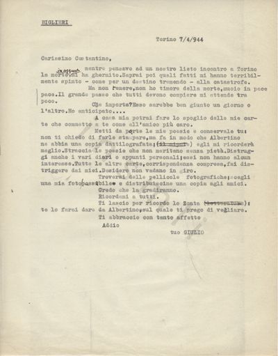 L’immagine riproduce la trascrizione a macchina dell’ultima lettera di Giulio Biglieri all’amico Settimo Costantino.