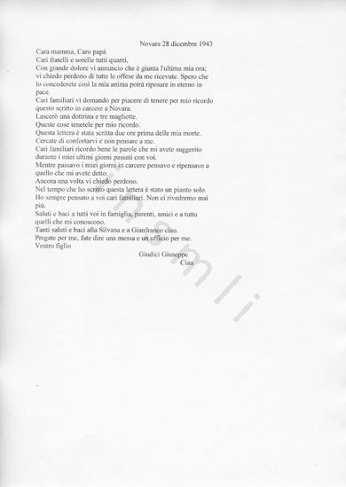 L’immagine riproduce la trascrizione dell’ultima lettera di Giuseppe Giudici, scritta ai familiari il giorno della sua esecuzione.