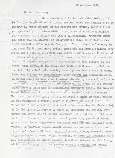 L’immagine riproduce la prima pagina dell’ultima lettera di Giuseppe Loew alla madre, scritta dal Lager di Bolzano.