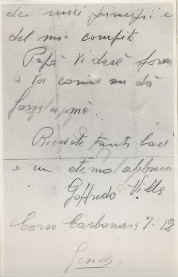 L’immagine riproduce la fotografia della seconda pagina della lettera di Goffredo Villa ai suoi cari, scritta poco prima della sua esecuzione.