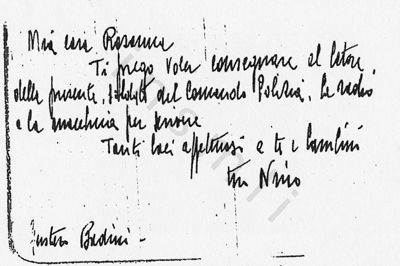 L’immagine riproduce la fotocopia cartacea di una delle ultime lettere di Gustavo Badini alla moglie. L’originale è probabilmente scritto a penna su un foglietto bianco.