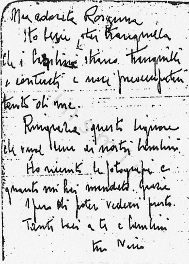 L’immagine riproduce la fotocopia cartacea di una delle ultime lettere di Gustavo Badini alla moglie. L’originale è probabilmente scritto a penna su un foglietto bianco.