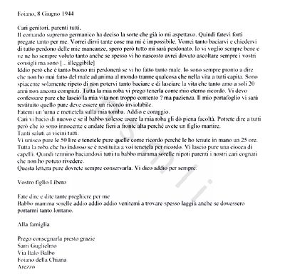 L’immagine riproduce la trascrizione dell’ultima lettera di Libero Sarri ai familiari, scritta poco prima della sua esecuzione, come raccontato da don Landi, che prestò gli ultimi conforti religiosi al condannato.
