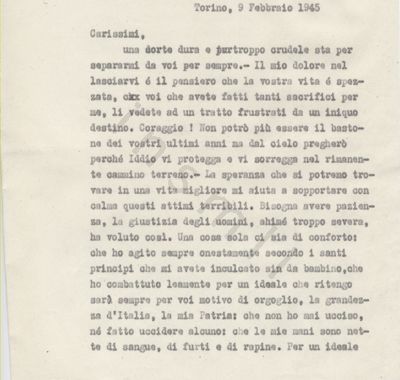 L’immagine riproduce la prima pagina della trascrizione a macchina della lettera scritta da Renzo Viale ai suoi cari il giorno dopo la sua condanna.