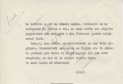 L’immagine riproduce la seconda pagina della trascrizione a macchina della lettera scritta da Renzo Viale ai suoi cari il giorno dopo la sua condanna.