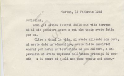 L’immagine riproduce la prima pagina della trascrizione a macchina dell’ultima lettera di Renzo Viale ai suoi cari, scritta il giorno della sua esecuzione.