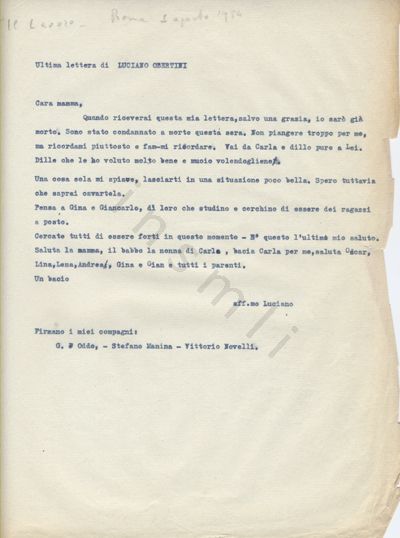 L’immagine riproduce la trascrizione a macchina della "Ultima lettera di LUCIANO OBERTINI", come scritto nella parte alta del documento.