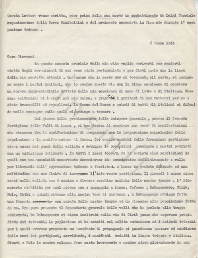 L’immagine riproduce la prima pagina della trascrizione a macchina della lettera di Luigi Capriolo al fratello Giovanni, scritta durante i mesi di lotta partigiana, prima della cattura e dell’impiccagione.