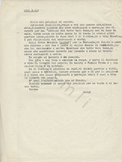 L’immagine riproduce la trascrizione a macchina dell’ultima lettera di Luigi Ciol ai familiari, scritta il giorno del suo processo.