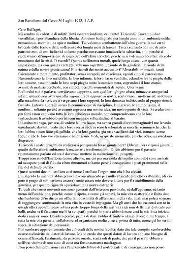 L’immagine riproduce la trascrizione della lettera di Luigi Lanfranconi all’amico e collega Luigi Buffagni, scritta pochi giorni dopo la caduta del fascismo da San Bartolomeo del Cervo (IM), dove l’autore era dislocato con il suo reggimento di artiglieria.